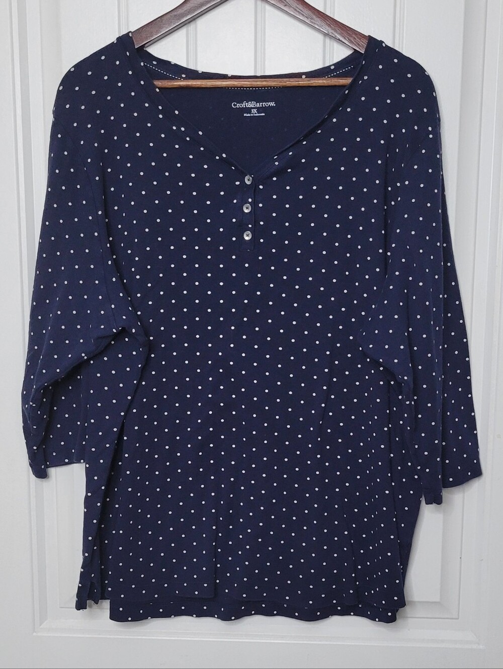 Croft & Barrow Navy Polka Dot Henley Top